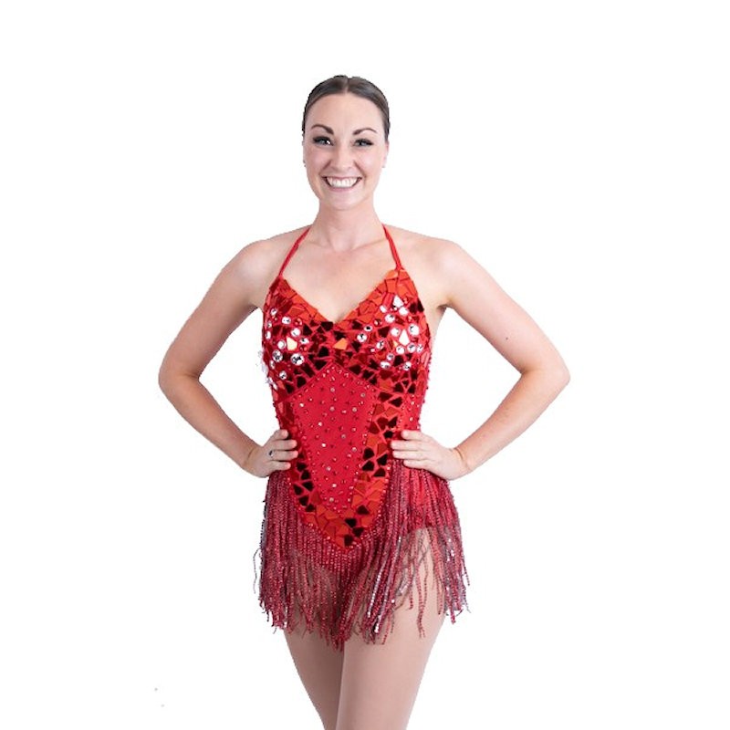 Red and Silver Cut Mirror Lycra Bodysuit with Diamante Fringe