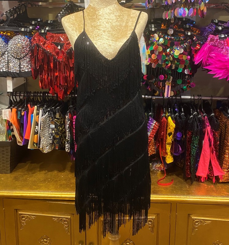 Stretch Sequin Dress with Fringing Black