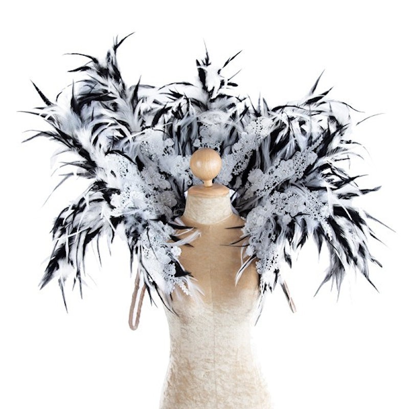 White and Black Feather Collar with Lace Motifs